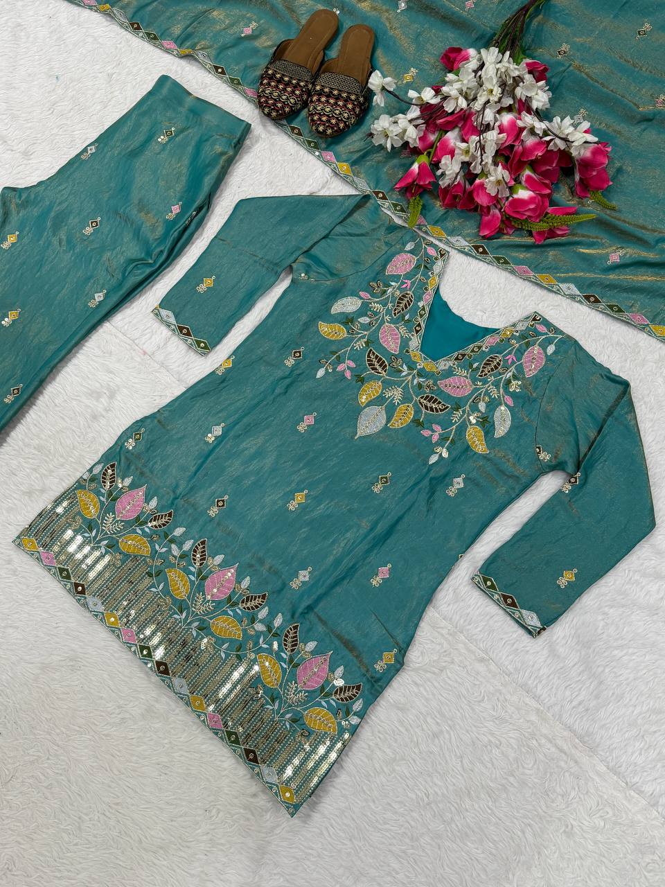 Elegant Rust Orange Silk Kurta and Flared Palazzo Set Adorned with Intricate Multicolored Botanical Embroidery and Mirror Work